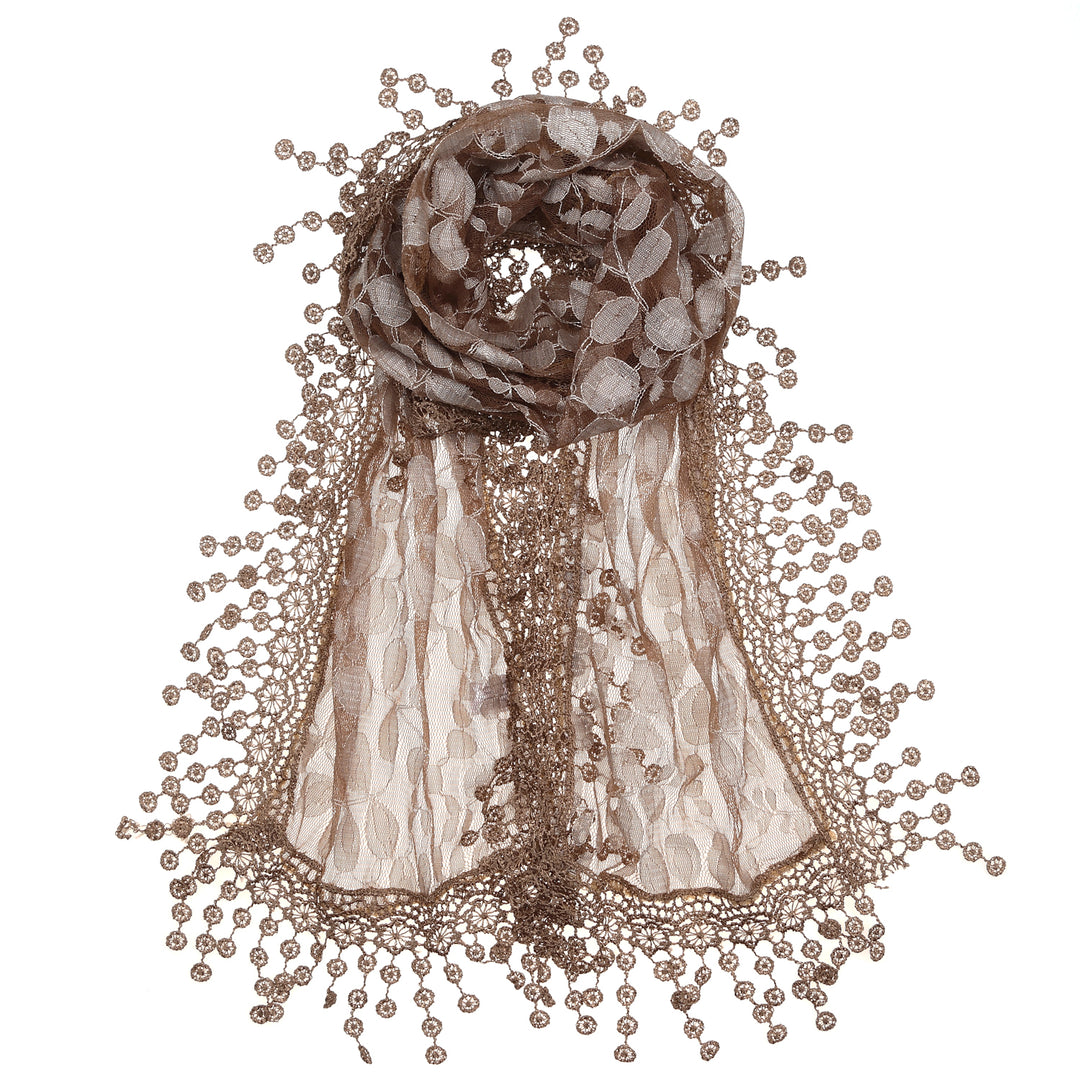 S2149_BROWN - One Piece Leaf Pattern Lace Scarf with Tassels