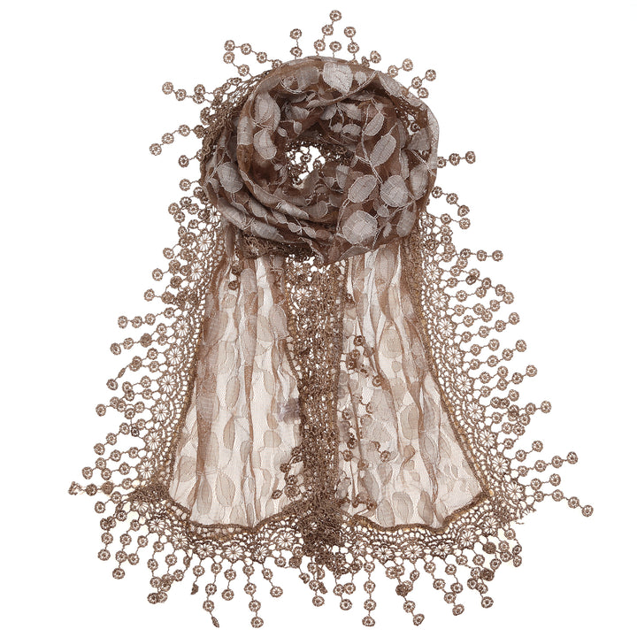 S2149_BROWN - One Piece Leaf Pattern Lace Scarf with Tassels