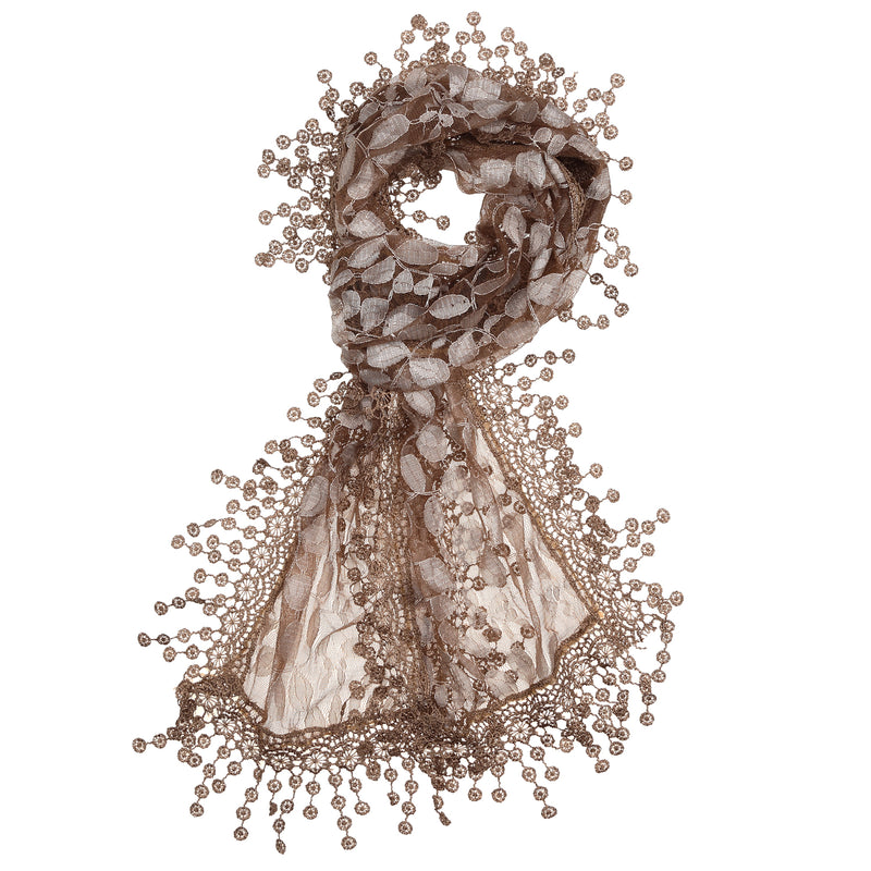 S2149_BROWN - One Piece Leaf Pattern Lace Scarf with Tassels