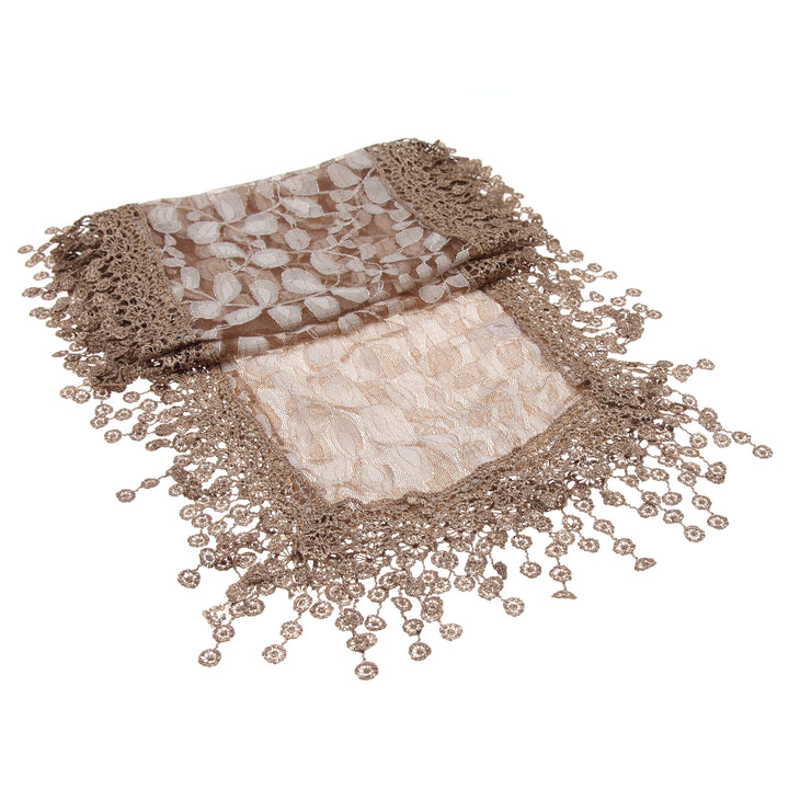 S2149_BROWN - One Piece Leaf Pattern Lace Scarf with Tassels