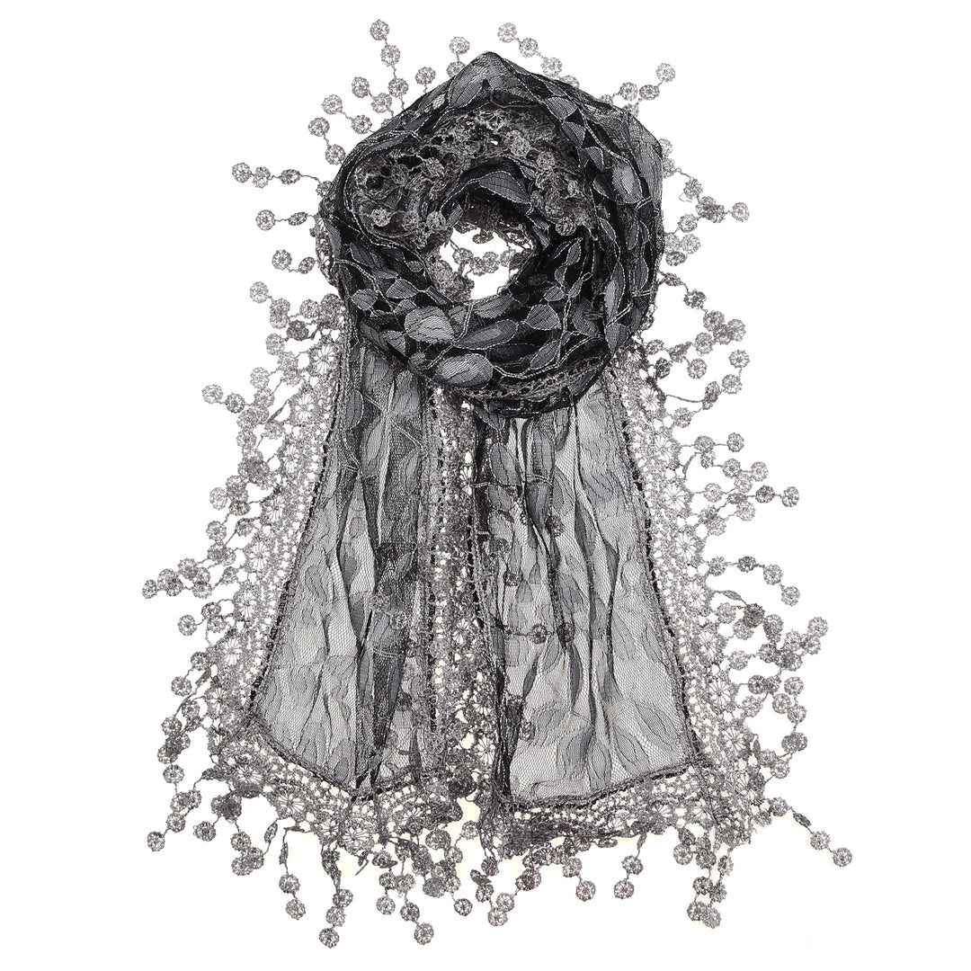 S2149_Dk Grey - One Piece Leaf Pattern Lace Scarf with Tassels