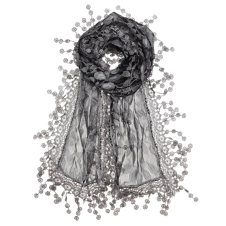 S2149_Dk Grey - One Piece Leaf Pattern Lace Scarf with Tassels