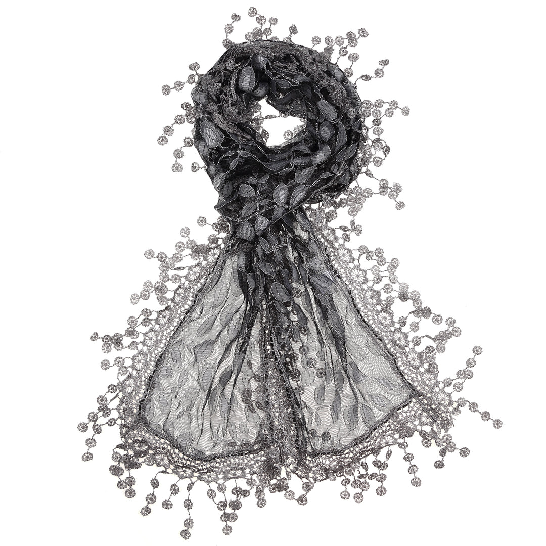 S2149_Dk Grey - One Piece Leaf Pattern Lace Scarf with Tassels