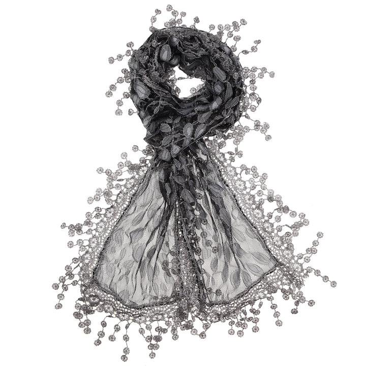 S2149_Dk Grey - One Piece Leaf Pattern Lace Scarf with Tassels