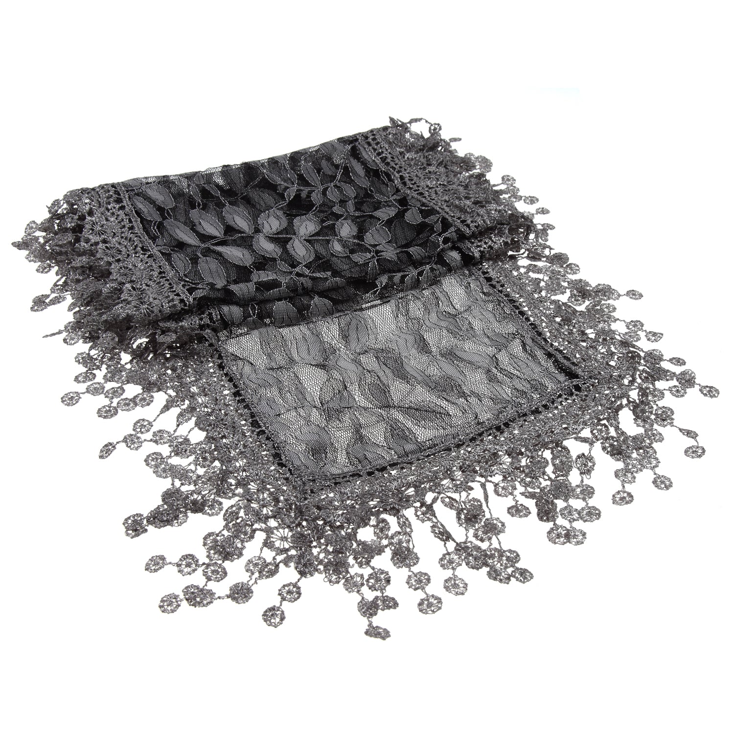 S2149_Dk Grey - One Piece Leaf Pattern Lace Scarf with Tassels