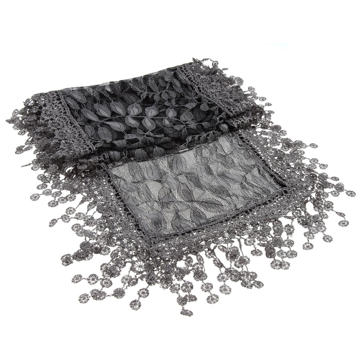 S2149_Dk Grey - One Piece Leaf Pattern Lace Scarf with Tassels