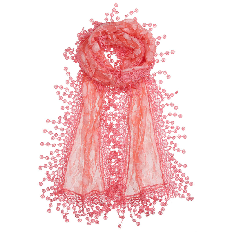 S2149_PINK - One Piece Leaf Pattern Lace Scarf with Tassels