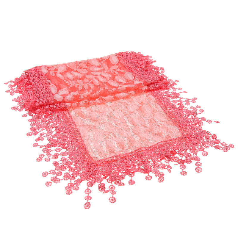 S2149_PINK - One Piece Leaf Pattern Lace Scarf with Tassels