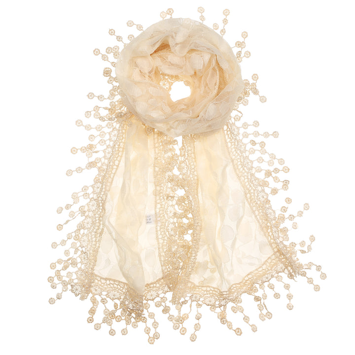S2149_IVORY - One Piece Leaf Pattern Lace Scarf with Tassels