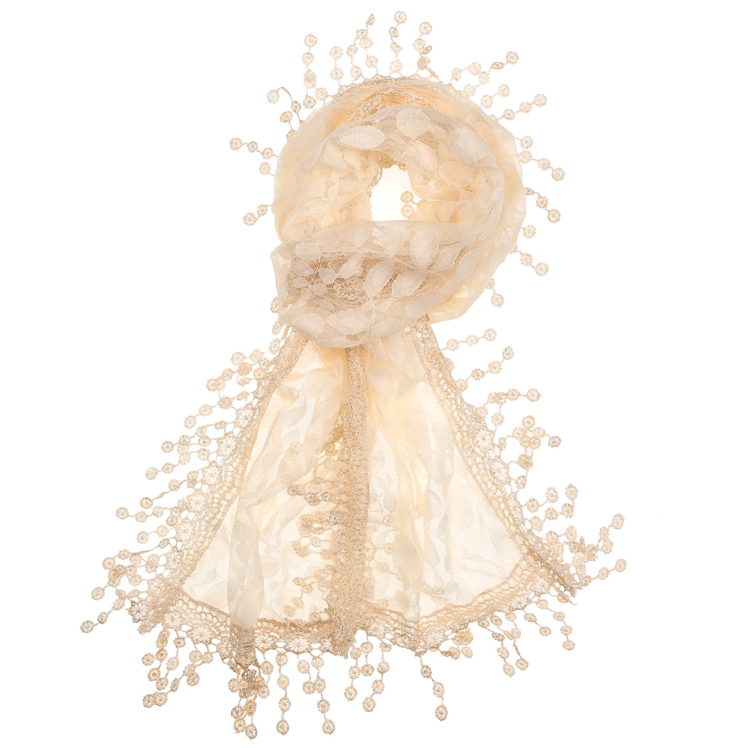 S2149_IVORY - One Piece Leaf Pattern Lace Scarf with Tassels