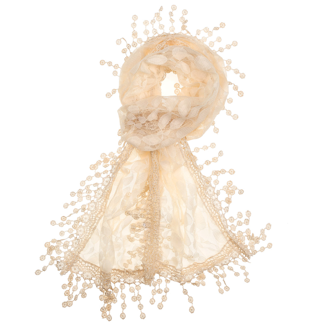 S2149_IVORY - One Piece Leaf Pattern Lace Scarf with Tassels