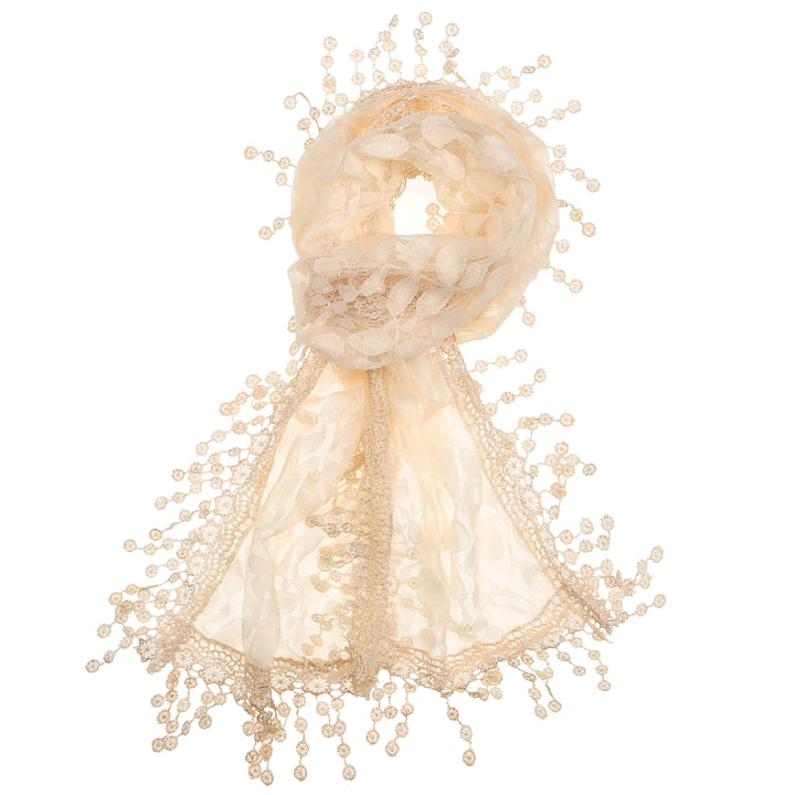 S2149_IVORY - One Piece Leaf Pattern Lace Scarf with Tassels