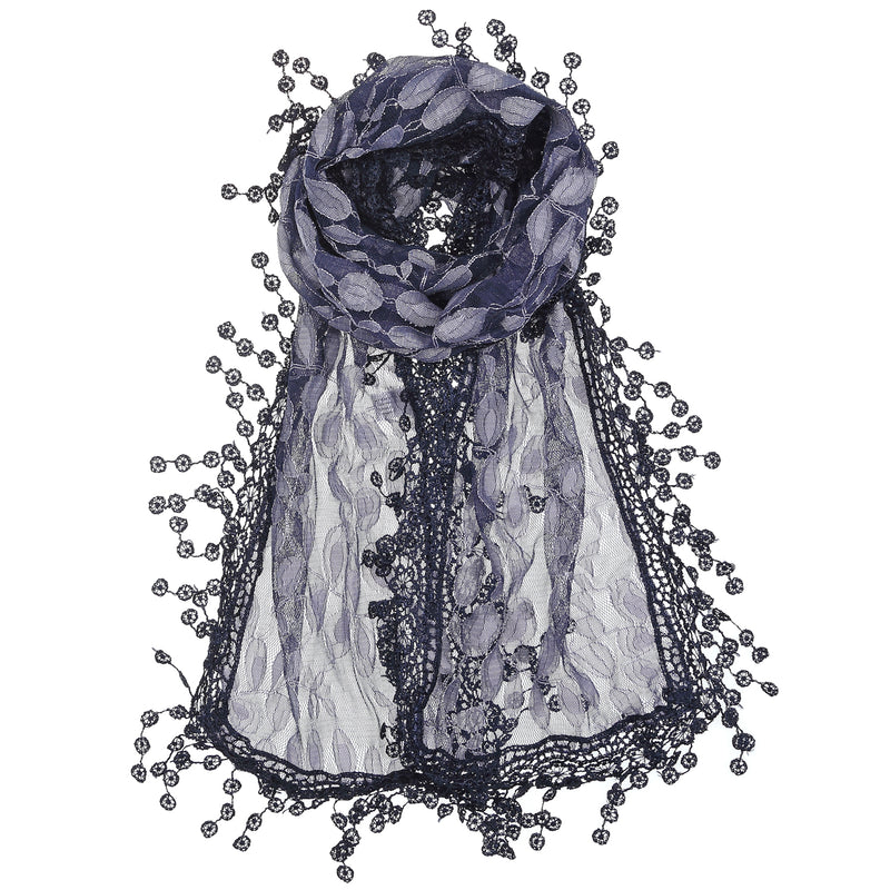 S2149_NAVY - One Piece Leaf Pattern Lace Scarf with Tassels