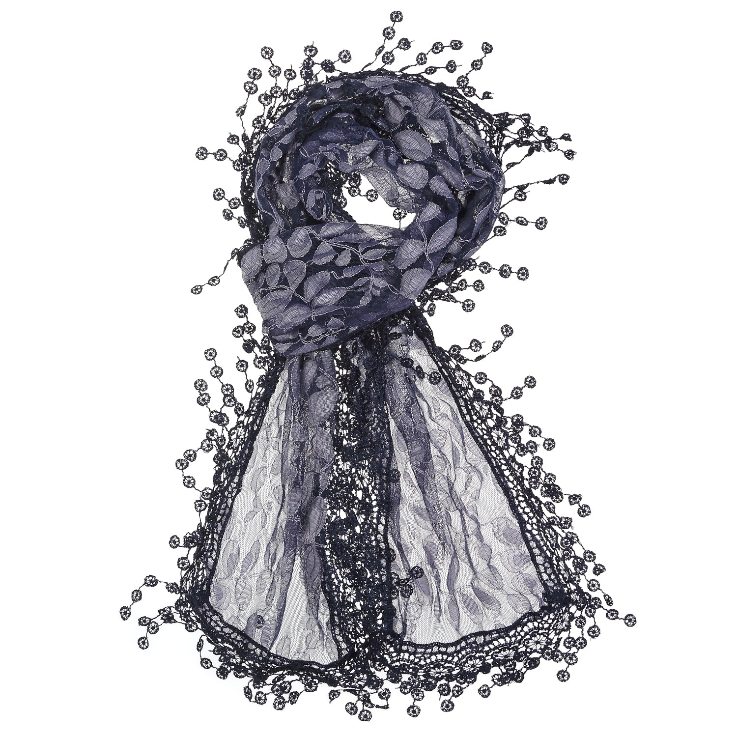 S2149_NAVY - One Piece Leaf Pattern Lace Scarf with Tassels