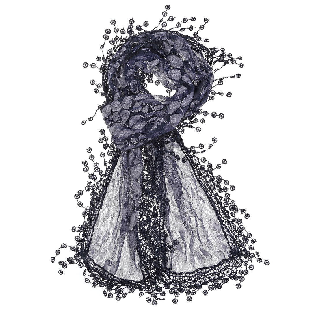 S2149_NAVY - One Piece Leaf Pattern Lace Scarf with Tassels