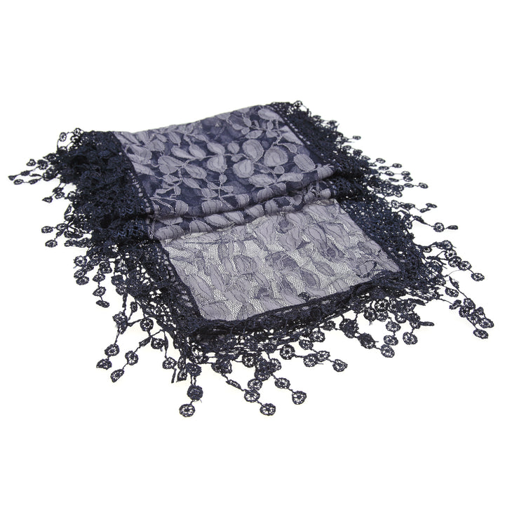 S2149_NAVY - One Piece Leaf Pattern Lace Scarf with Tassels