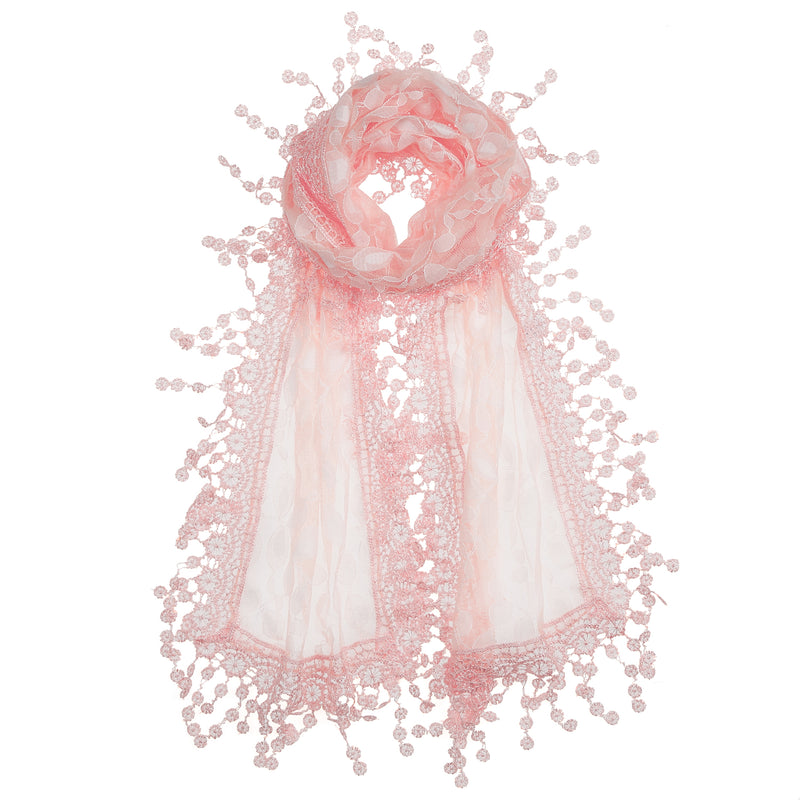 S2149_PINK - One Piece Leaf Pattern Lace Scarf with Tassels