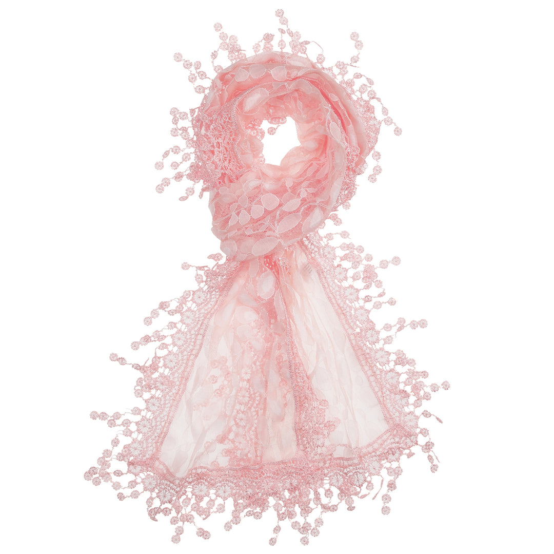 S2149_PINK - One Piece Leaf Pattern Lace Scarf with Tassels