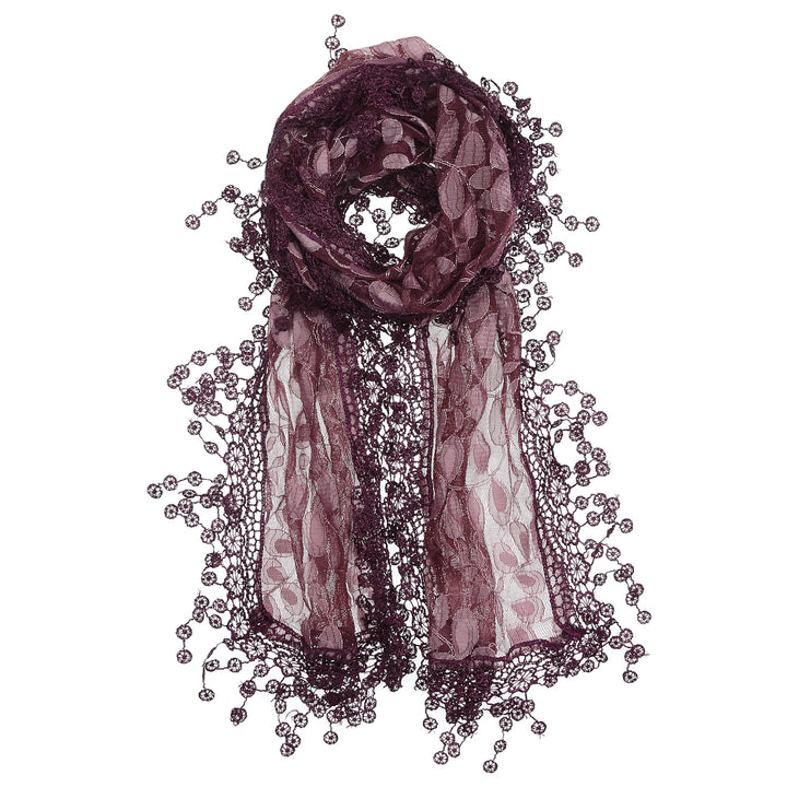 S2149_PURPLE - One Piece Leaf Pattern Lace Scarf with Tassels