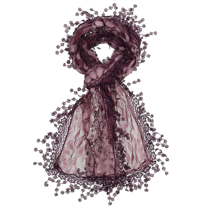 S2149_PURPLE - One Piece Leaf Pattern Lace Scarf with Tassels