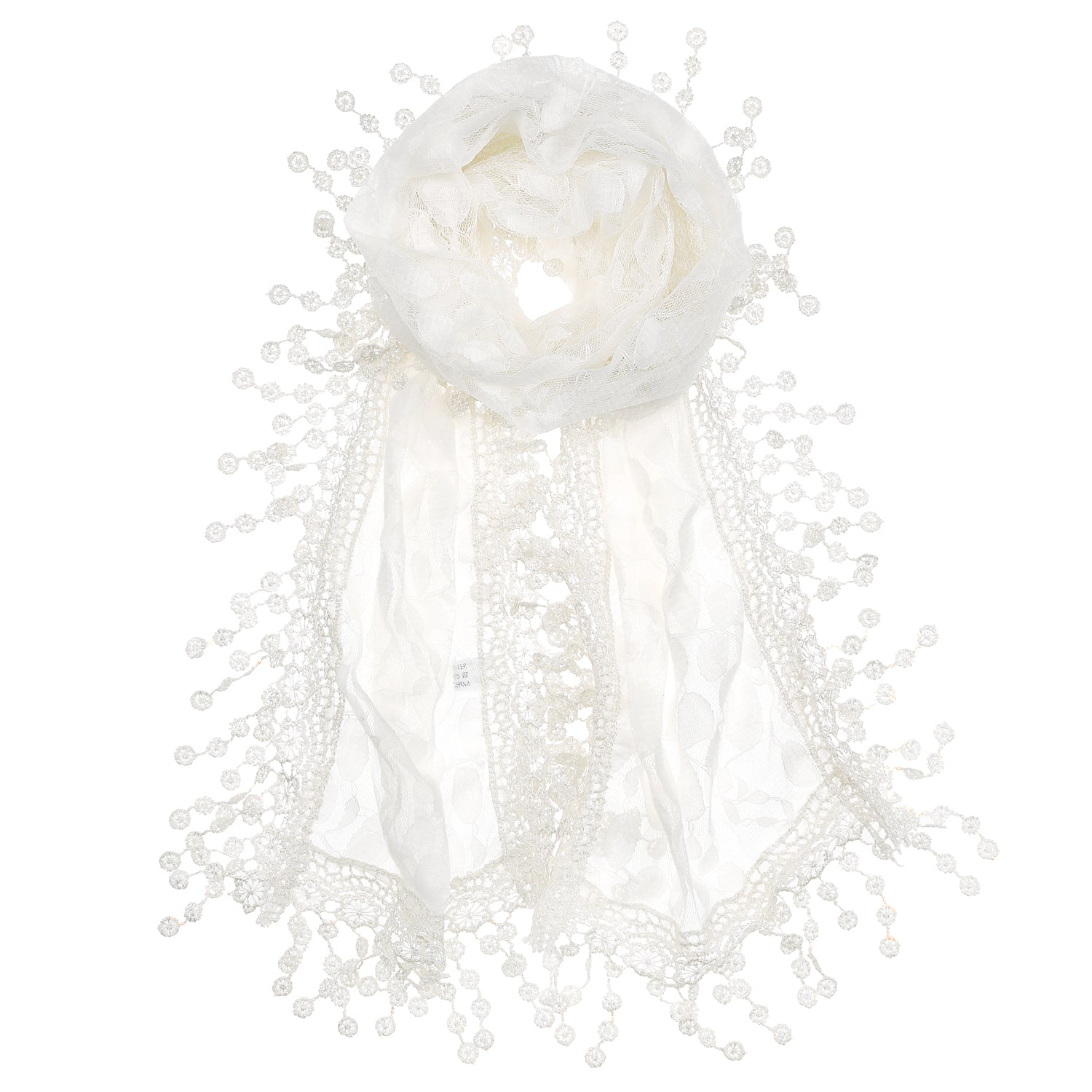S2149_WHITE - One Piece Leaf Pattern Lace Scarf with Tassels