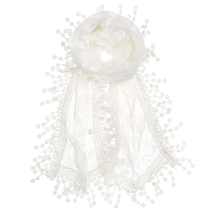 S2149_WHITE - One Piece Leaf Pattern Lace Scarf with Tassels