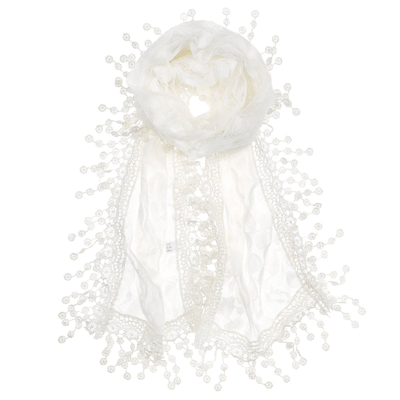 S2149_WHITE - One Piece Leaf Pattern Lace Scarf with Tassels