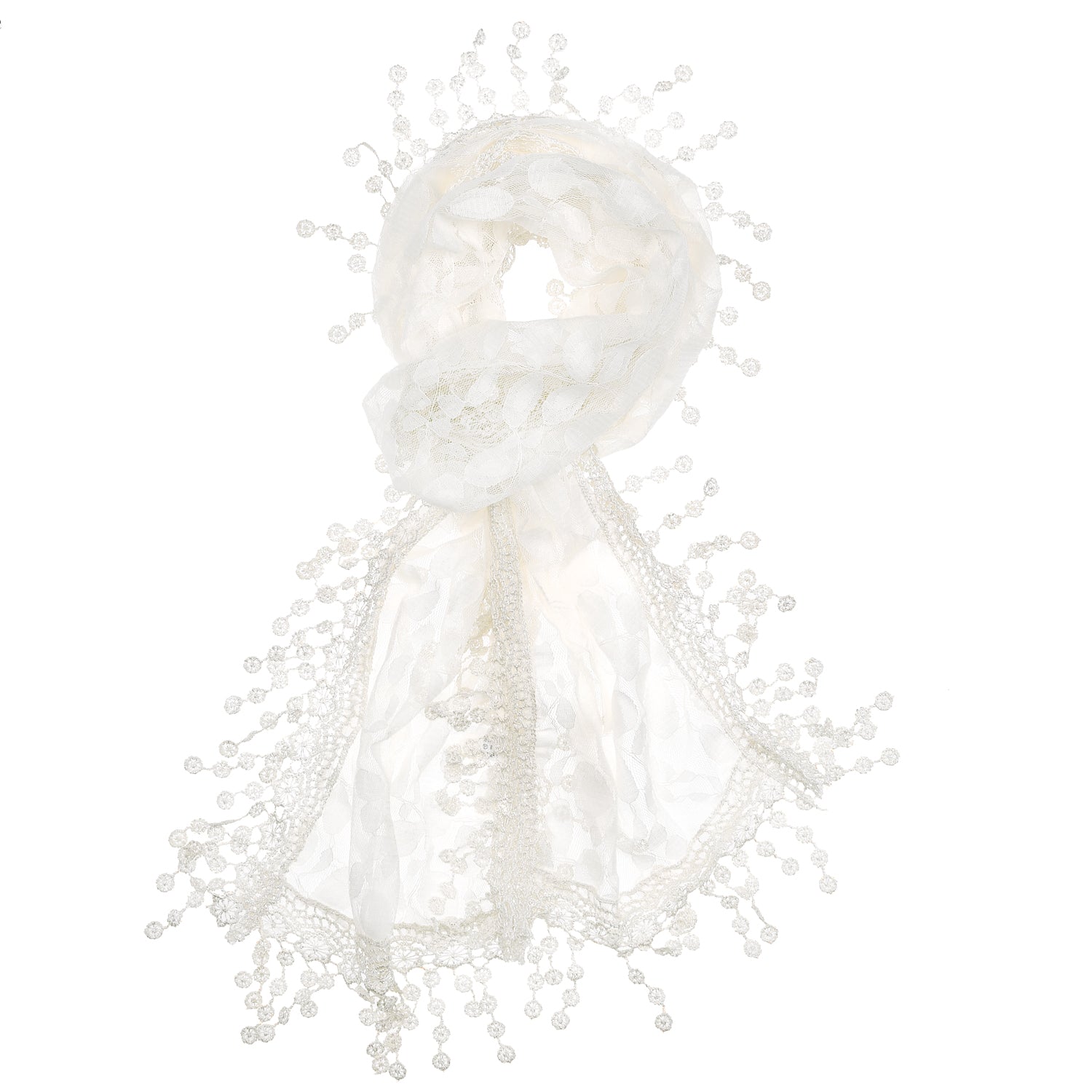 S2149_WHITE - One Piece Leaf Pattern Lace Scarf with Tassels
