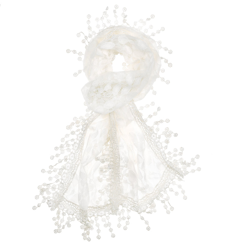 S2149_WHITE - One Piece Leaf Pattern Lace Scarf with Tassels