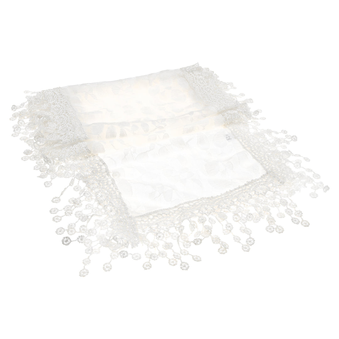 S2149_WHITE - One Piece Leaf Pattern Lace Scarf with Tassels