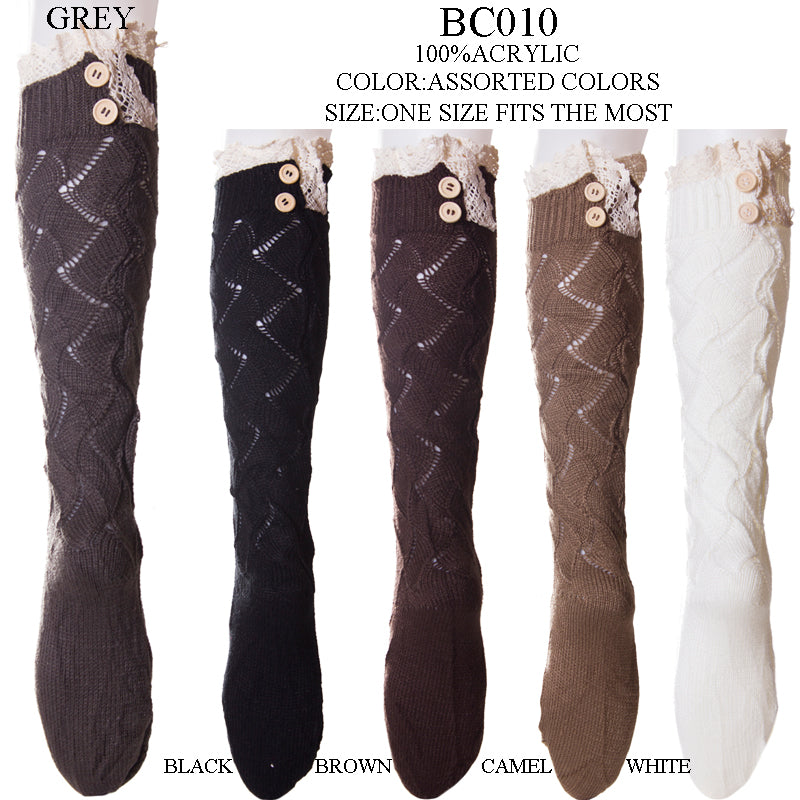 BC010 - One Dozen Zig Zag Knitted Long Lace trim Boot Cuff With Two Bottons