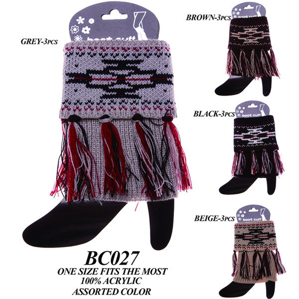 BC027 - One Dozen geomatric printed cable knitted boot cuff with fringe