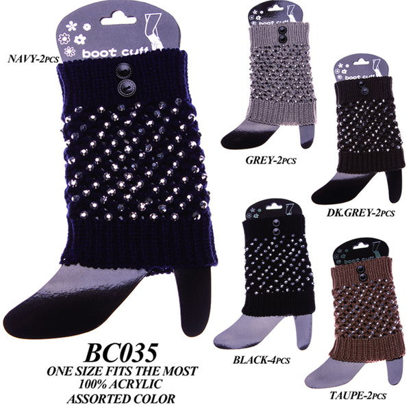 BC035 - One Dozen cable knitted boot cuff with acrylic rhinestones