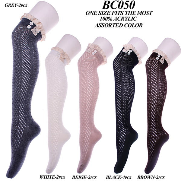 BC050 - One Dozen long cable knitted lace trim boot cuff with two buttons