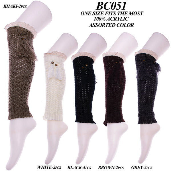 BC051 - One Dozen cable knitted lace trim knee high boot cuff with tassel