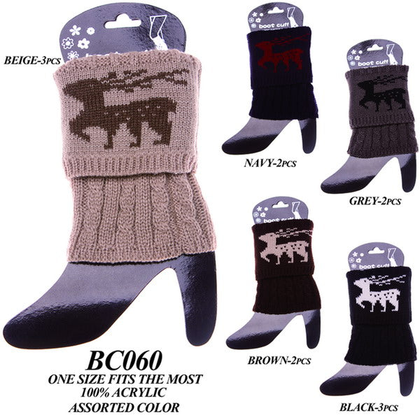 BC060 - One Dozen cable knitted boot cuff with reindeer printed