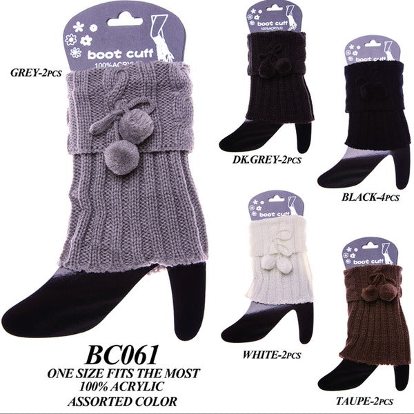 BC061 - One Dozen plain color cable knitted boot cuff with pom pom