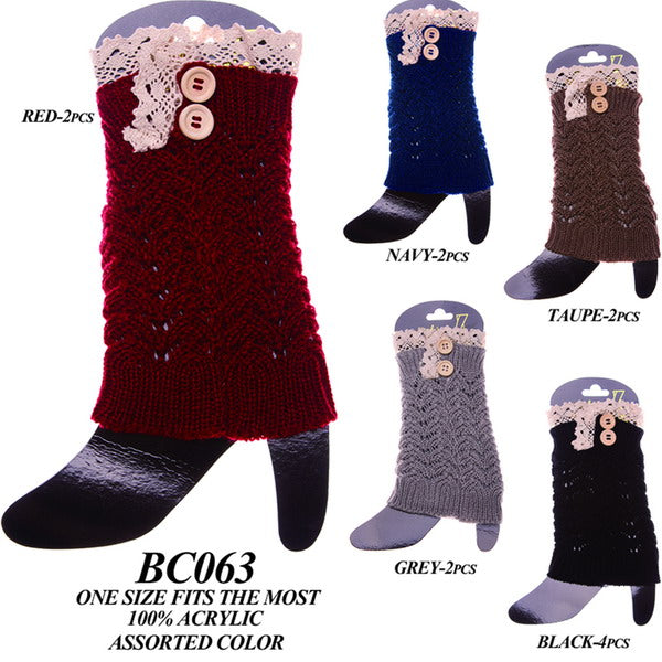 BC063 - One Dozen cable knitted lace trim boot cuff with two buttons