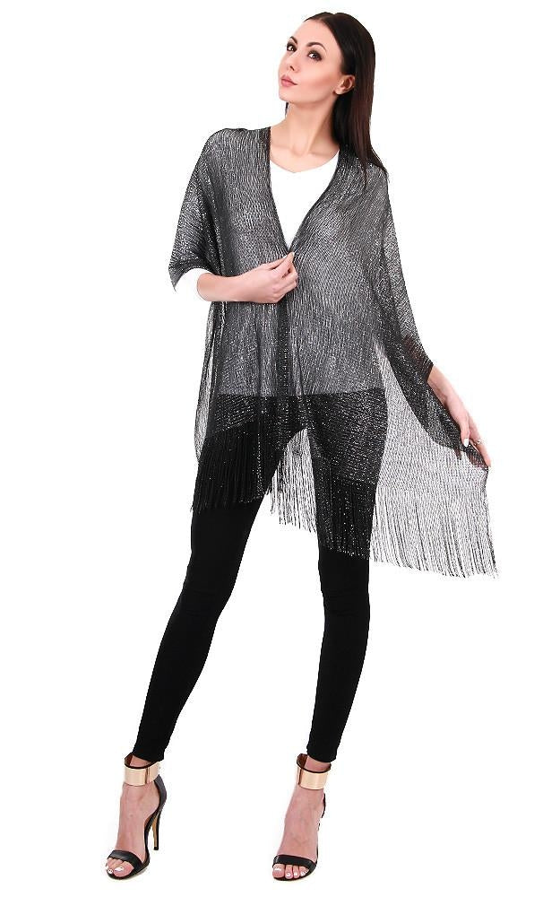 M8_Bk - One Piece Black/Silver Solid Party Shawl