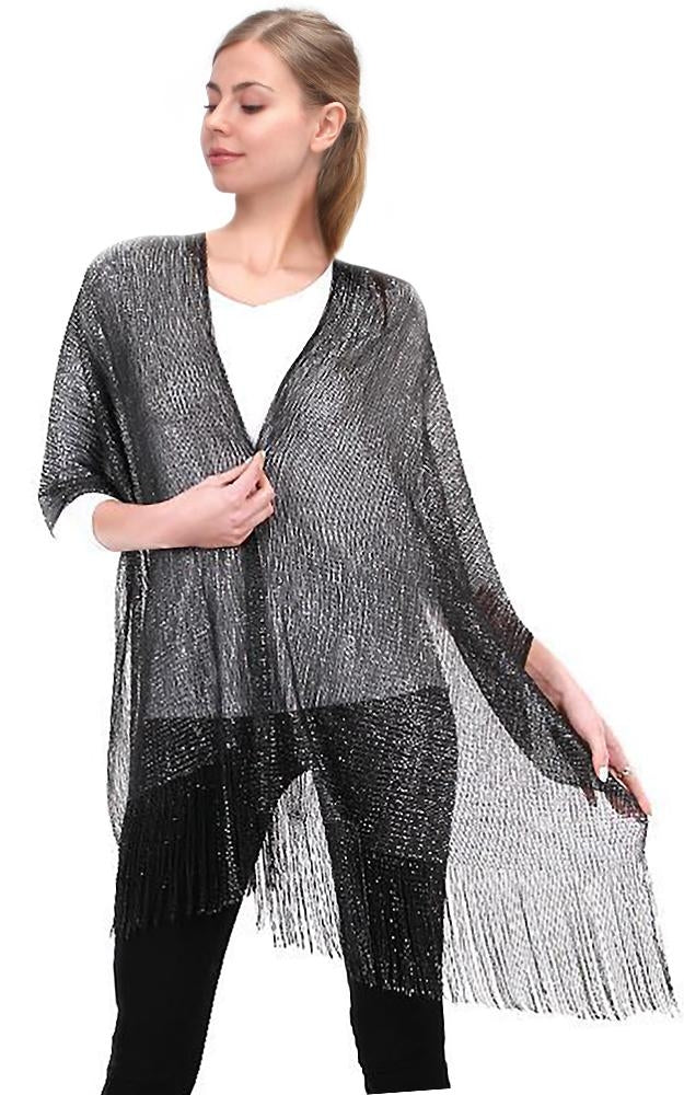 M8_Bk - One Piece Black/Silver Solid Party Shawl