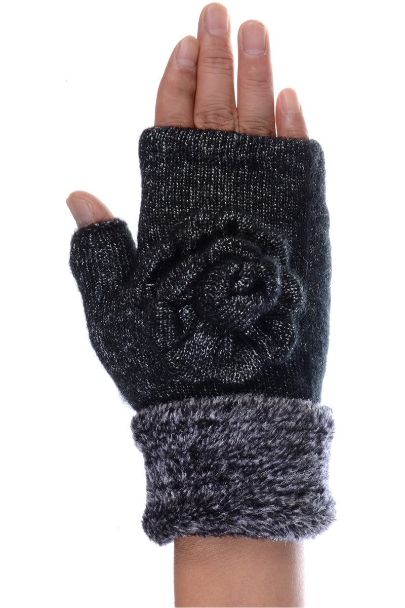 G5240 - One Dozen Ladies Knit Metallic Lining Hand-warmer Gloves w/ flower cuff