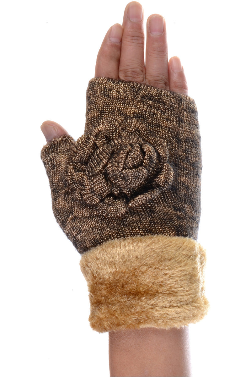 G5240 - One Dozen Ladies Knit Metallic Lining Hand-warmer Gloves w/ flower cuff