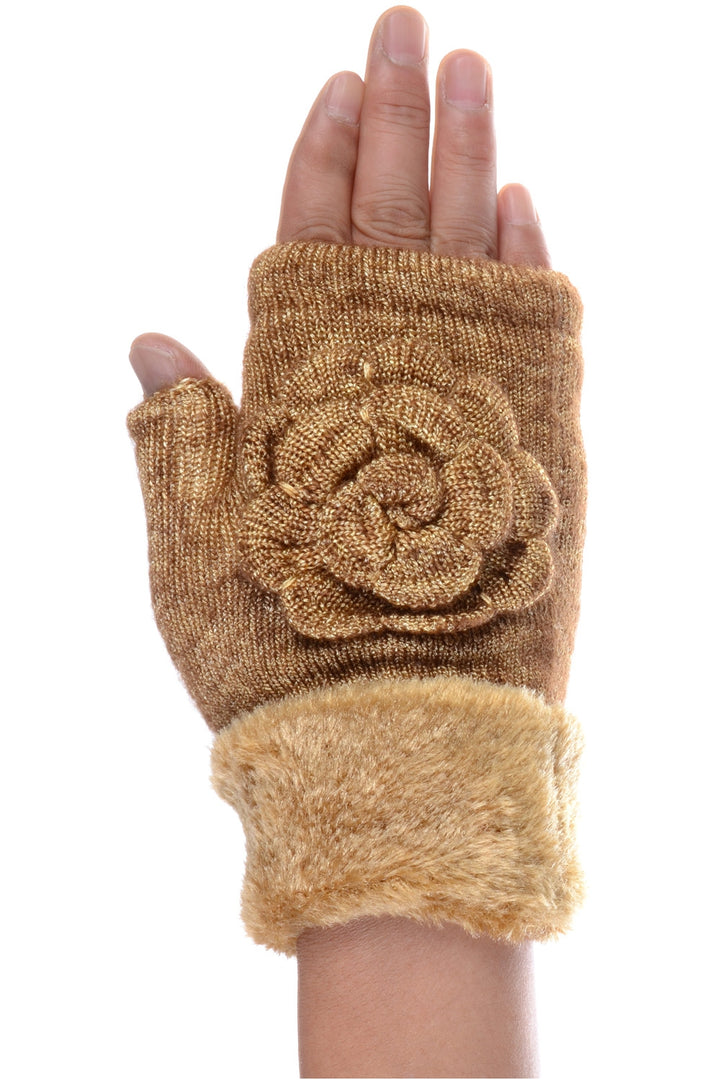 G5240 - One Dozen Ladies Knit Metallic Lining Hand-warmer Gloves w/ flower cuff
