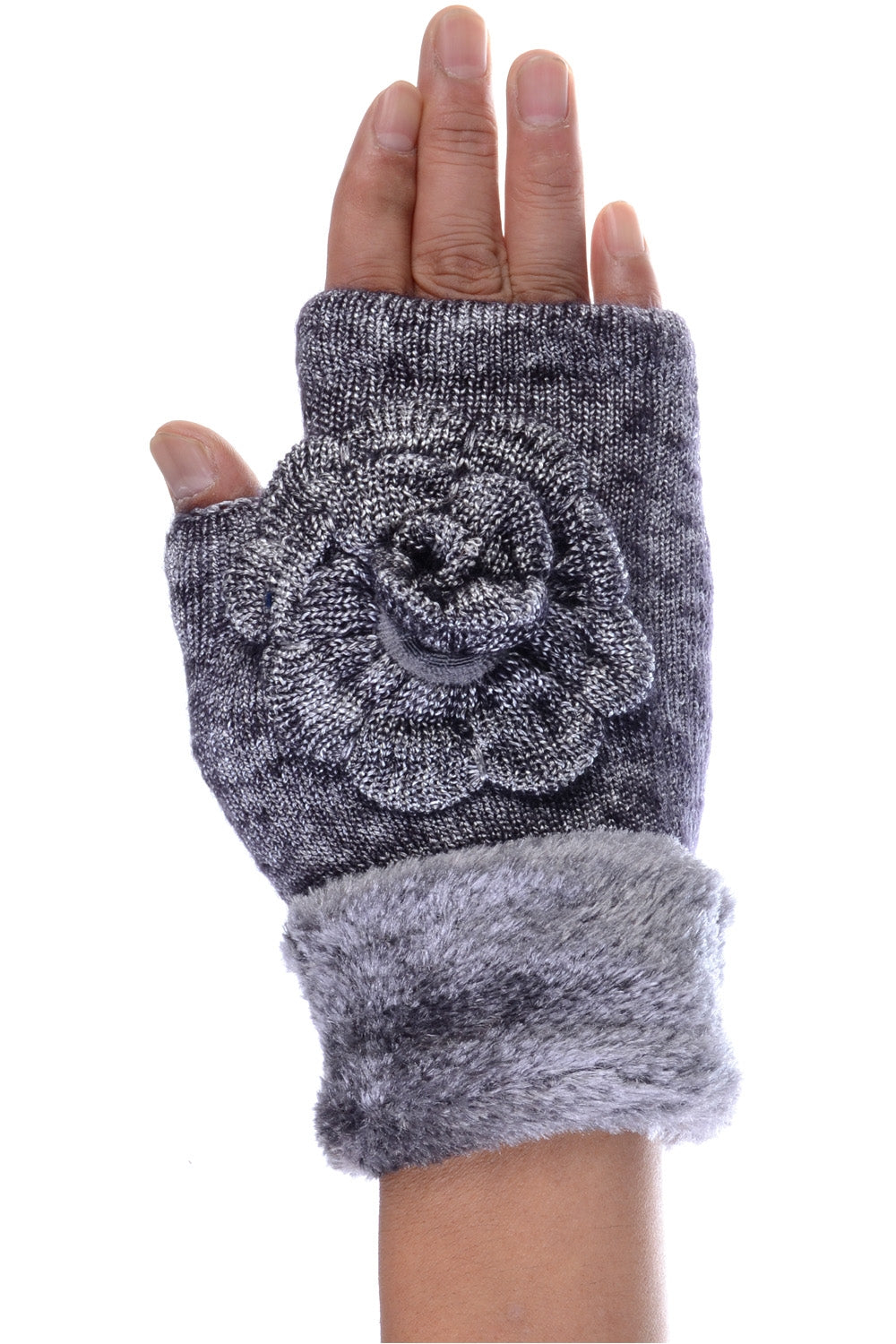 G5240 - One Dozen Ladies Knit Metallic Lining Hand-warmer Gloves w/ flower cuff