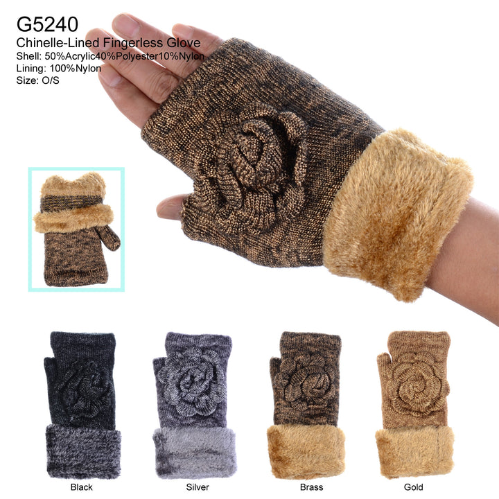 G5240 - One Dozen Ladies Knit Metallic Lining Hand-warmer Gloves w/ flower cuff