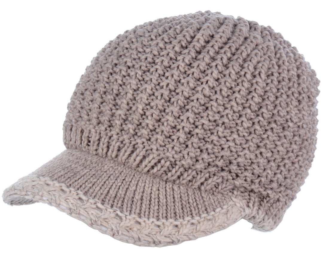 H5201 - One Dozen Lined Winter Knit Visor Beanie Cap with Brim and Contrast Trim