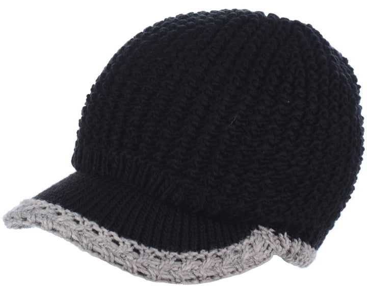 H5201 - One Dozen Lined Winter Knit Visor Beanie Cap with Brim and Contrast Trim