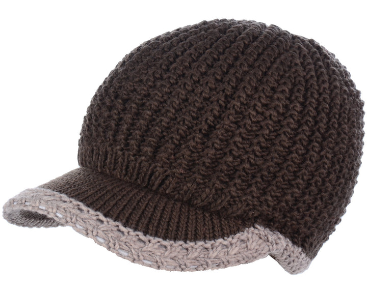 H5201 - One Dozen Lined Winter Knit Visor Beanie Cap with Brim and Contrast Trim