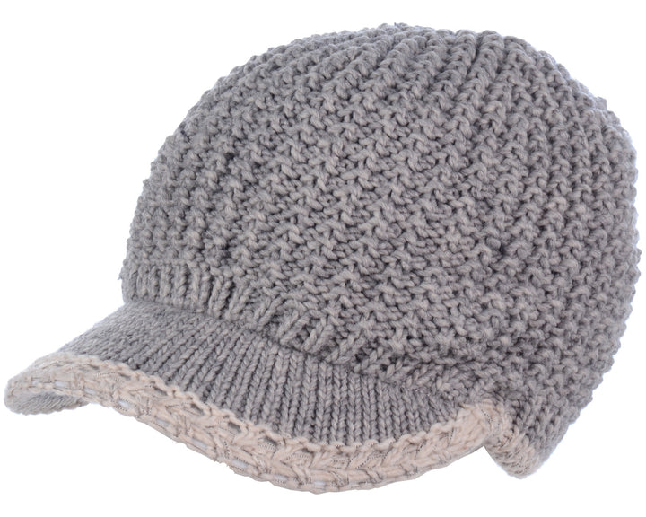 H5201 - One Dozen Lined Winter Knit Visor Beanie Cap with Brim and Contrast Trim