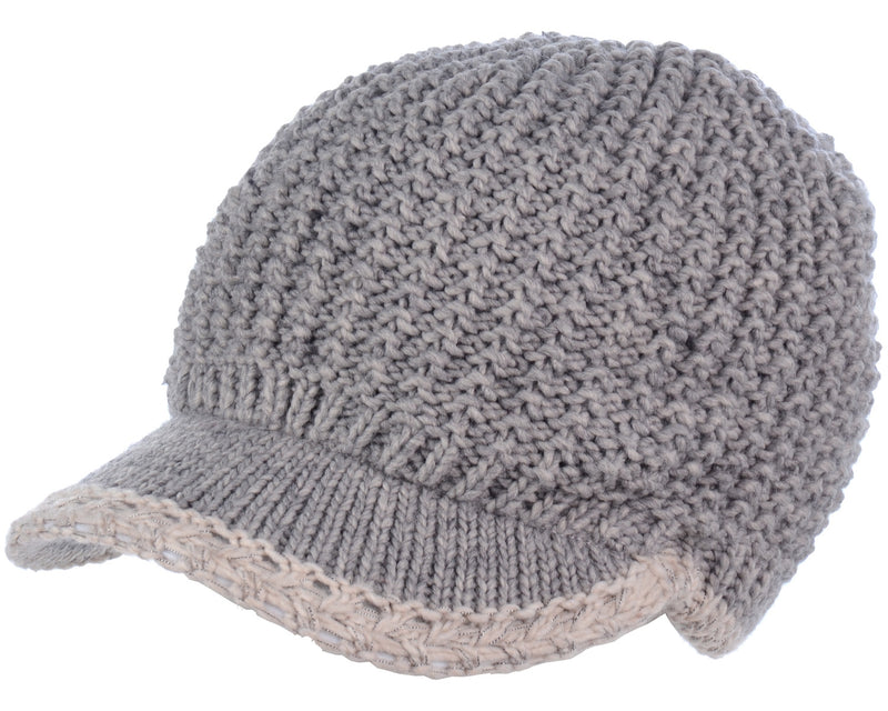 H5201 - One Dozen Lined Winter Knit Visor Beanie Cap with Brim and Contrast Trim